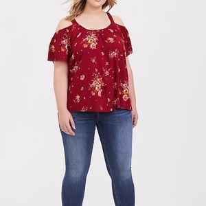 Red Floral Gauze cold Shoulder Top